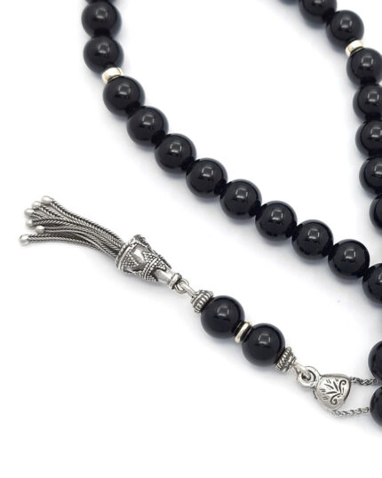 Religious onyx kompoloi with silver fittings and steel chain