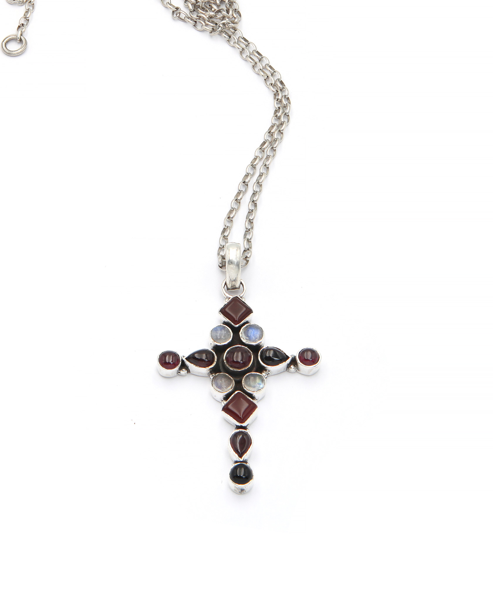 Handmade silver cross with garnet and moonstone Handmade silver cross with garnet and moonstone