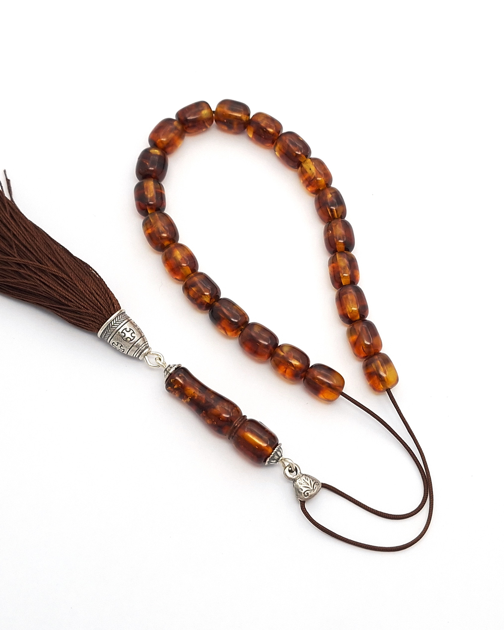Pressed Baltic Amber Kompoloi with 925 Silver and Silk Pressed Baltic Amber Kompoloi with 925 Silver and Silk