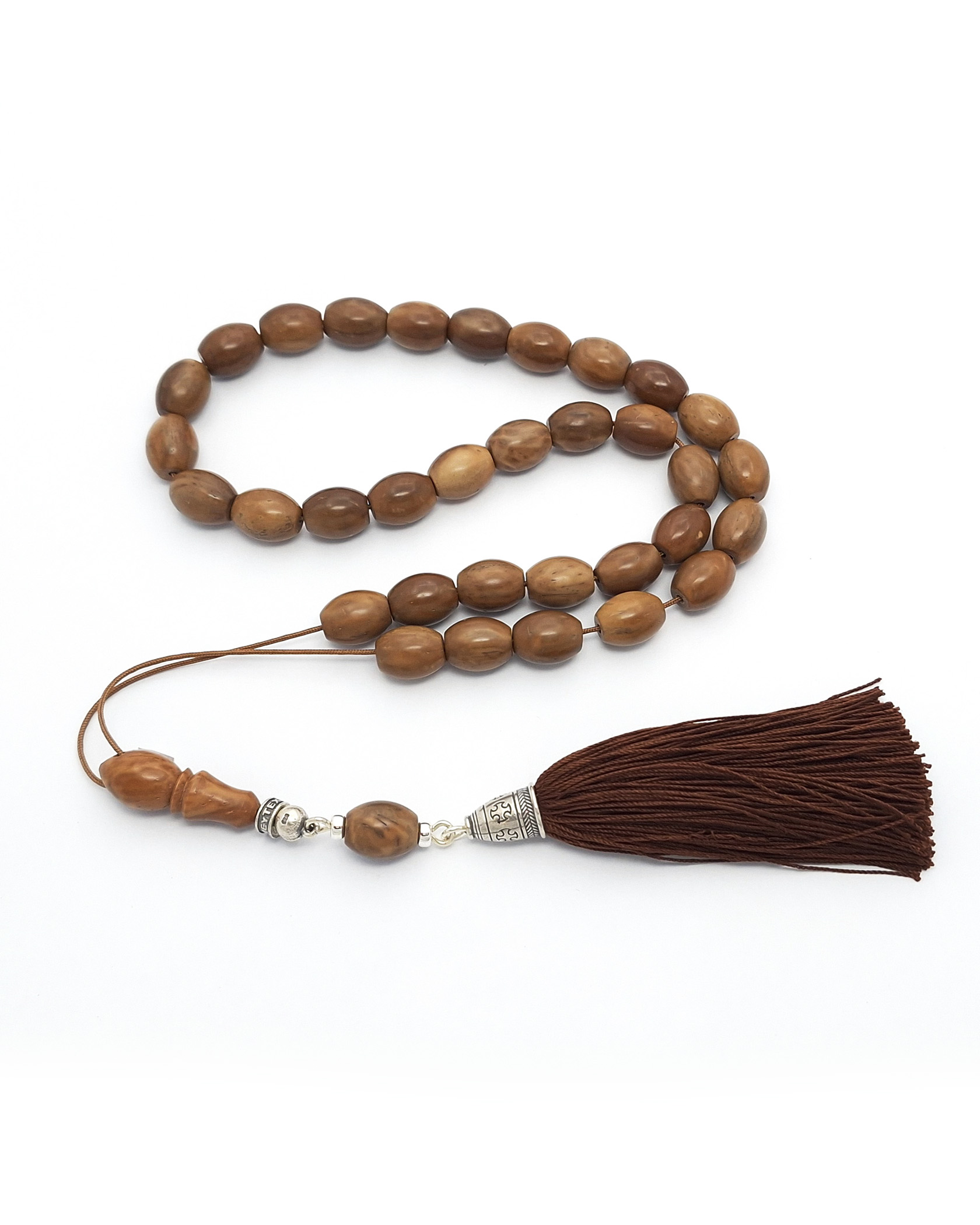 Coconut Wood kompoloi with 925 Silver and Silk Tassel Coconut Wood kompoloi with 925 Silver and Silk Tassel