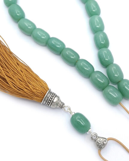 Aventurine kompoloi with silk tassel and silver fittings