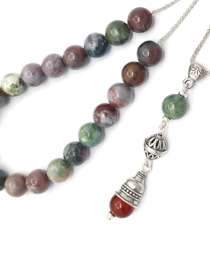 Indian Agate & Carnelian kompoloi with sterling silver accessories