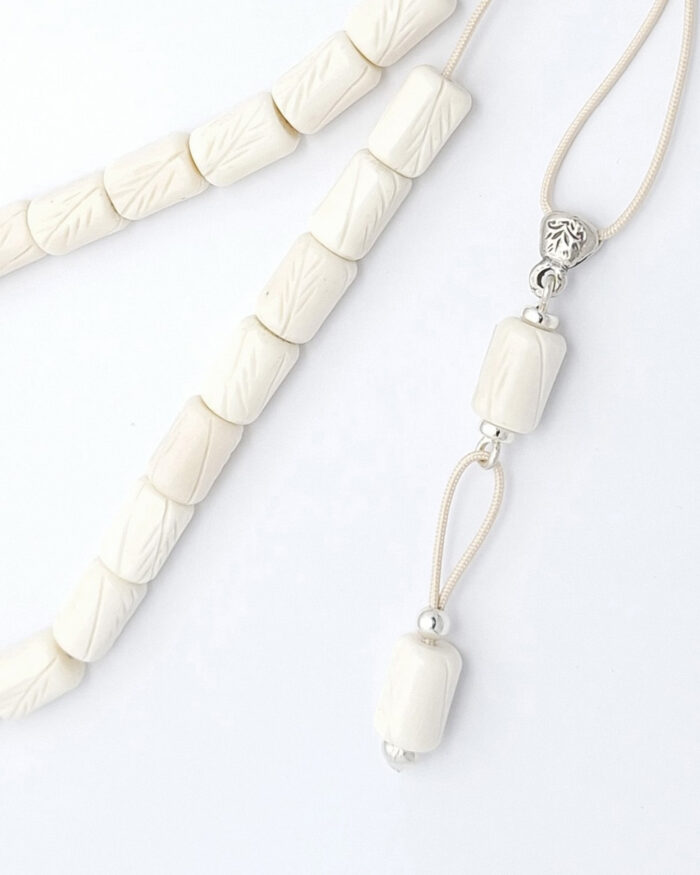 Carved camel bone kompoloi with 925 silver fittings