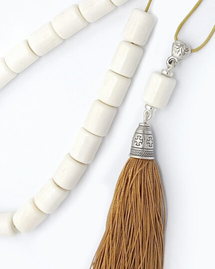 Camel bone kompoloi with silk tassel and silver fittings