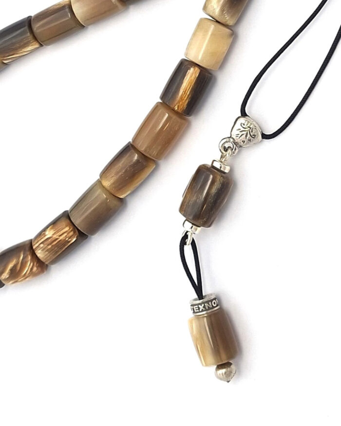 Animal horn kompoloi with silver fittings