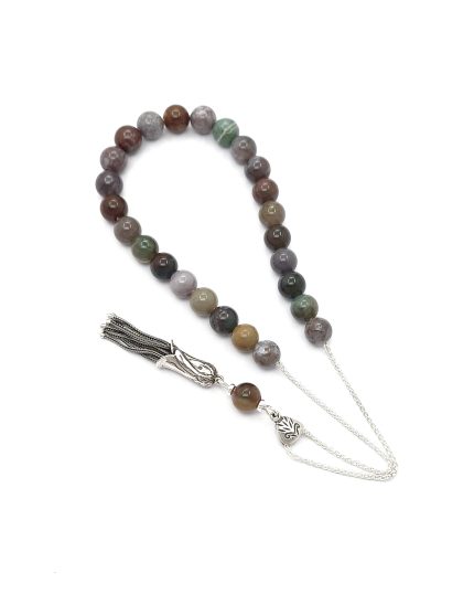 Indian Agate kompoloi with sterling silver accessories