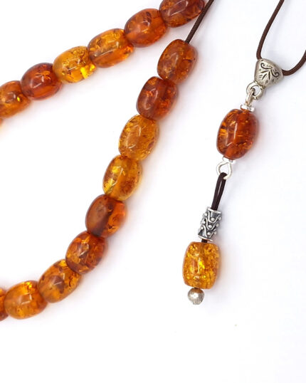Baltic amber kompoloi in cognac color with 925 silver