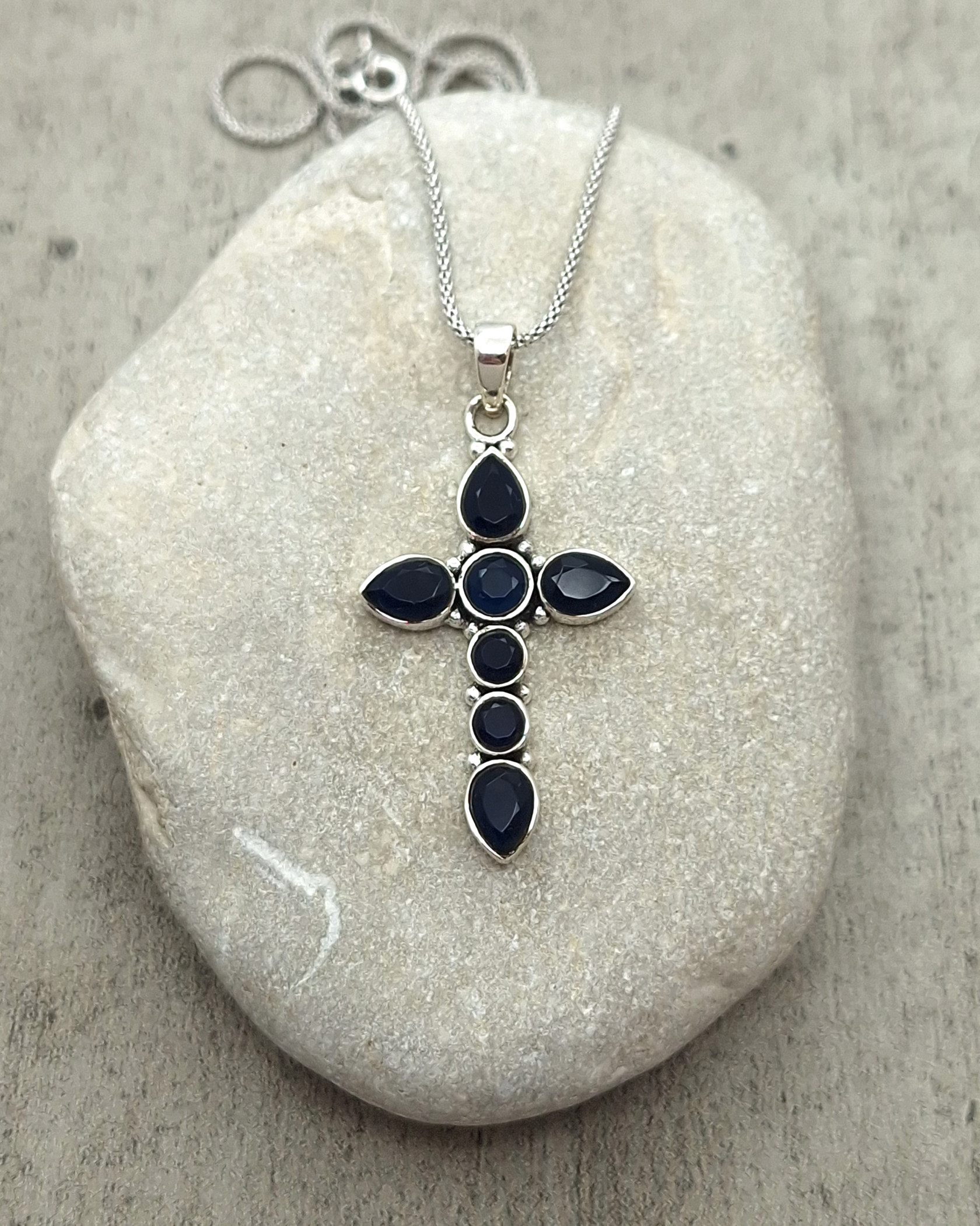 Handmade Silver Cross with Sapphires Handmade Silver Cross with Sapphires