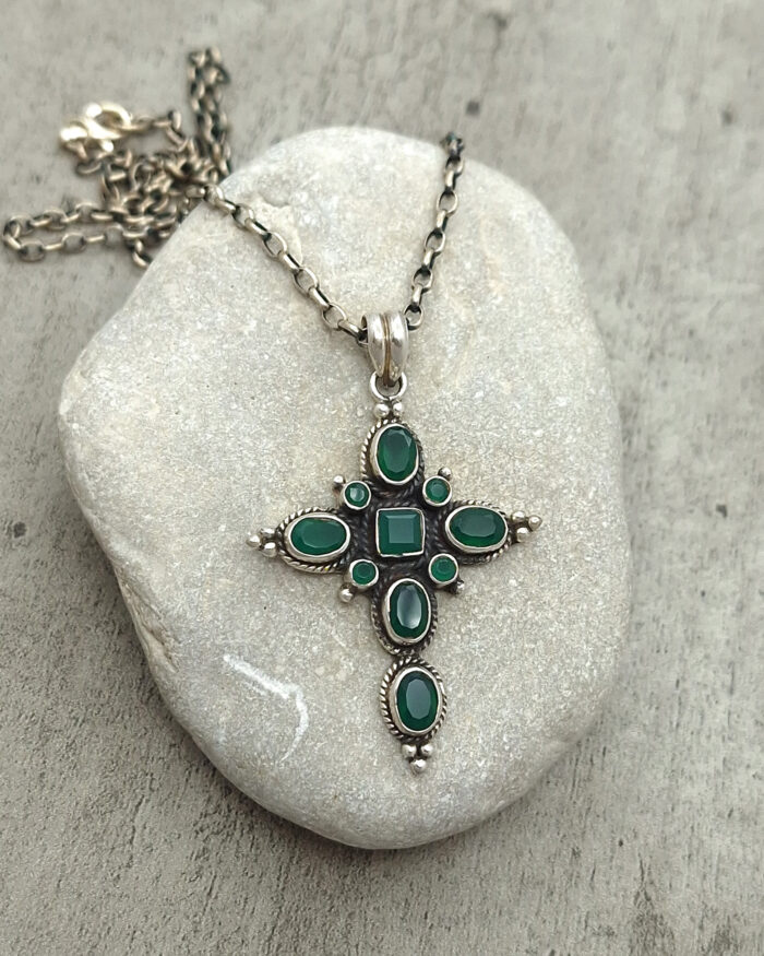 Handmade Silver Cross with Green Agate