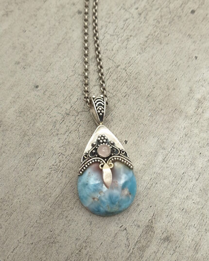 Handmade Larimar and Rose Quartz Pendant