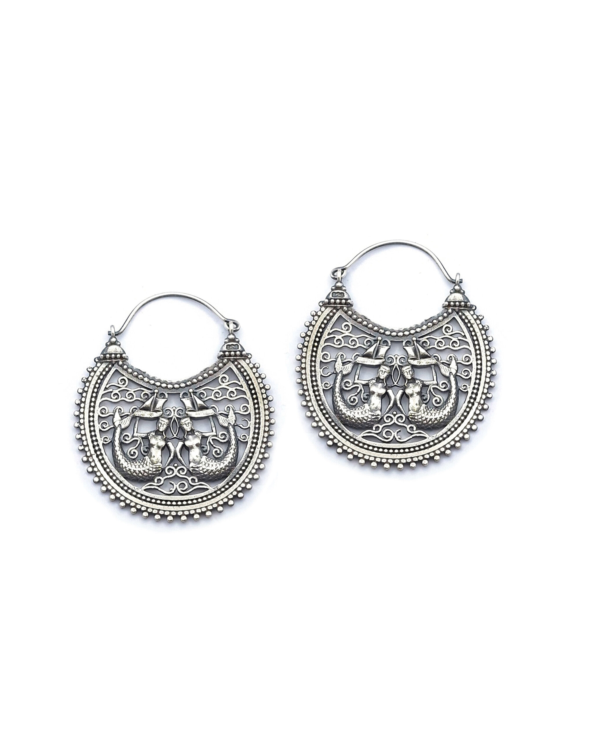 Folk Art, Sterling Silver hoop Earrings with Mermaids Folk Art, Sterling Silver hoop Earrings with Mermaids