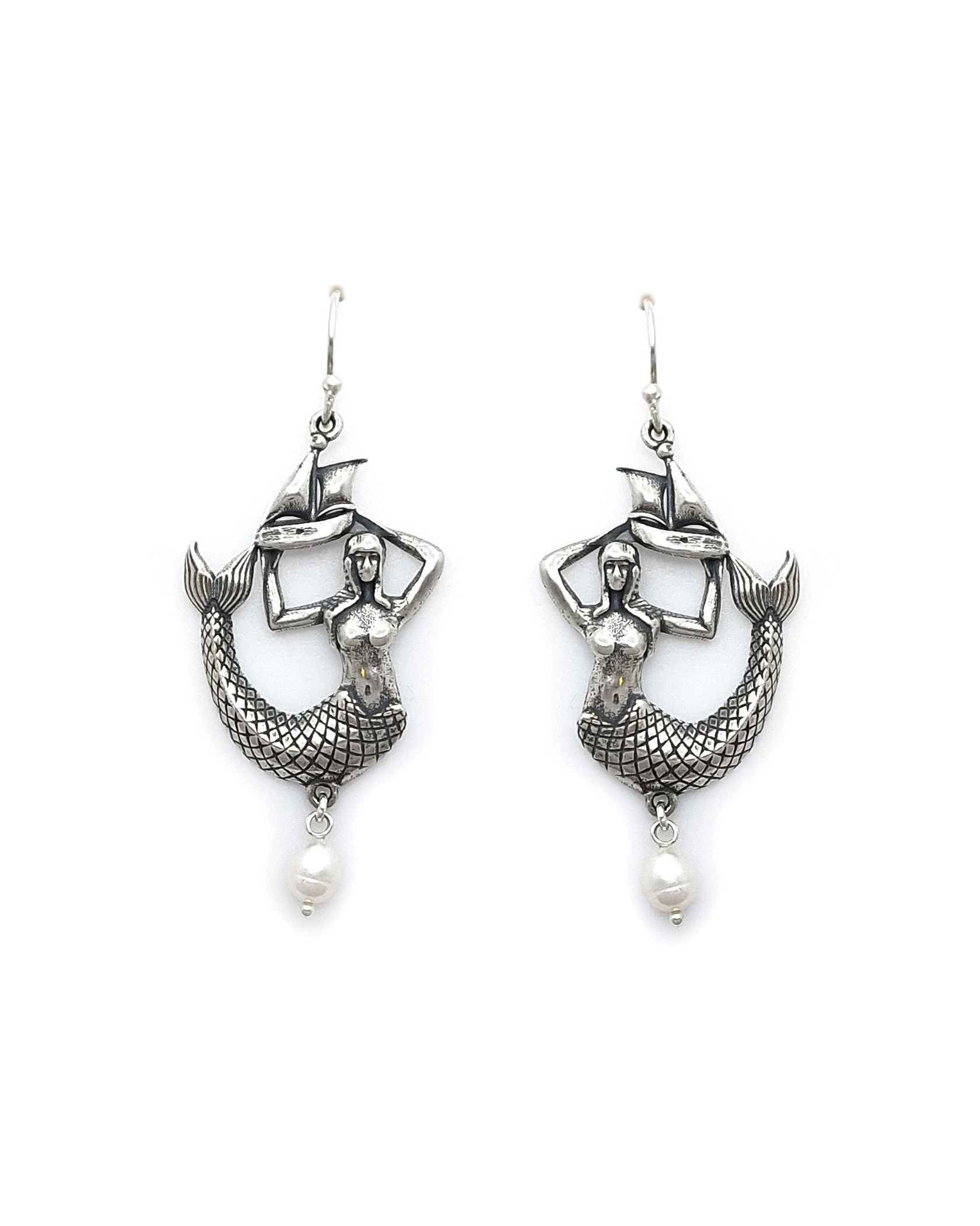 Handmade Mermaid Earrings in 925 Sterling Silver with Pearls Handmade Mermaid Earrings in 925 Sterling Silver with Pearls