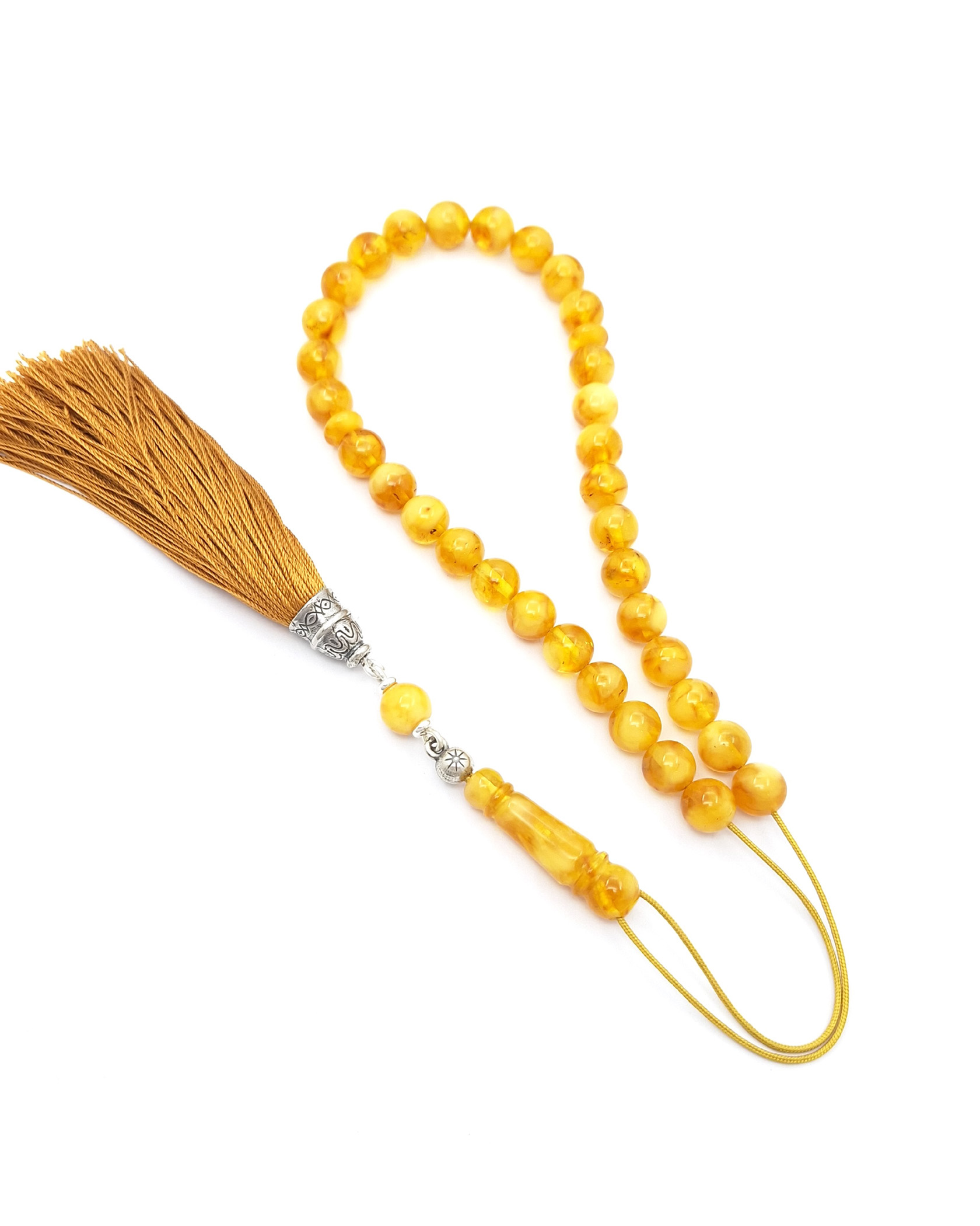 Pressed Baltic Amber Komboloi with sterling silver and silk tassel | 33 beads Pressed Baltic Amber Komboloi with sterling silver and silk tassel | 33 beads