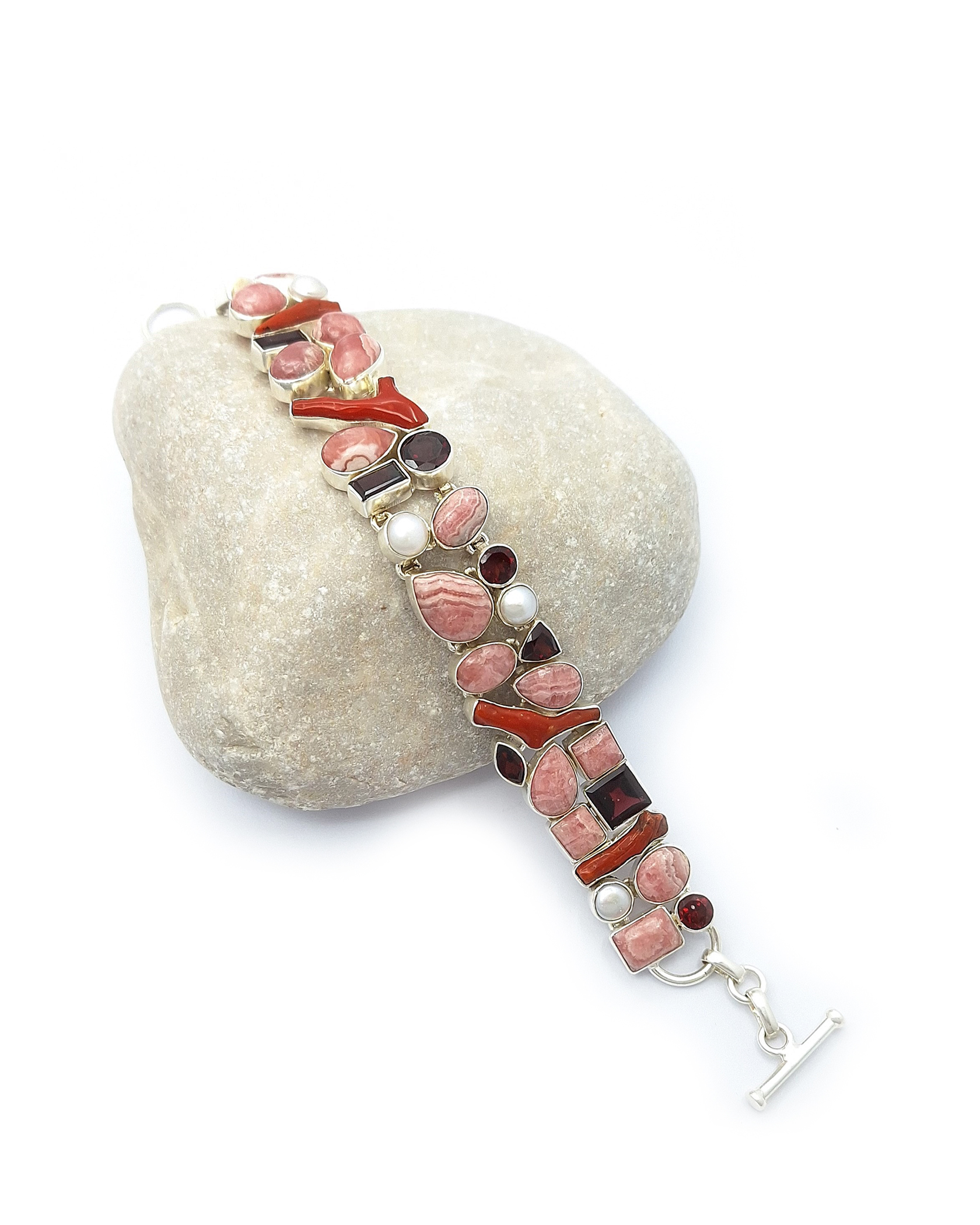 Handmade Sterling Silver Bracelet with Rhodochrosites, Garnets, Corals and Pearls | Unique 925 Jewelry Handmade Sterling Silver Bracelet with Rhodochrosites, Garnets, Corals and Pearls | Unique 925 Jewelry