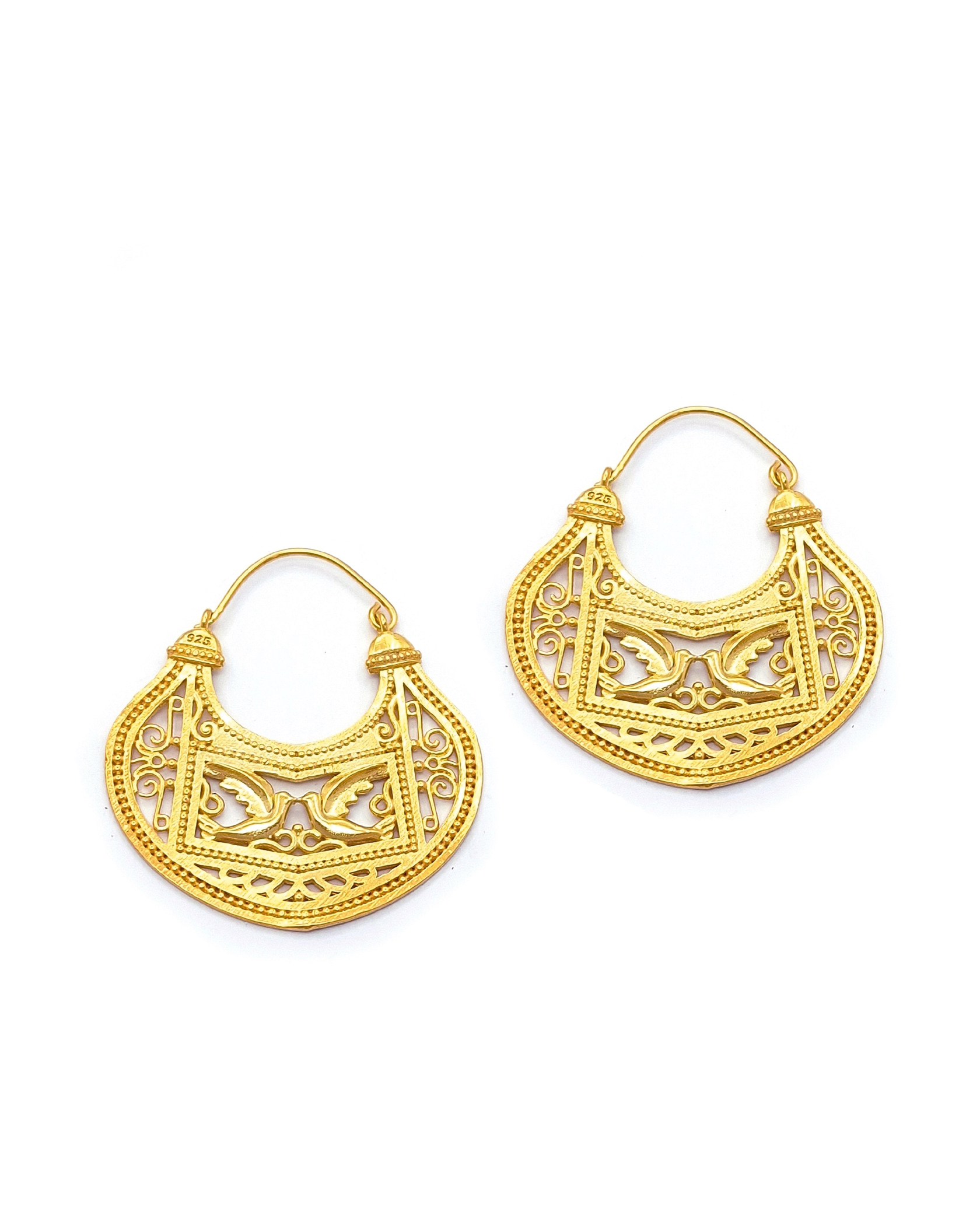 Folk Art Hoop Earrings with Birds in Gold-Plated Sterling Silver 925 Folk Art Hoop Earrings with Birds in Gold-Plated Sterling Silver 925