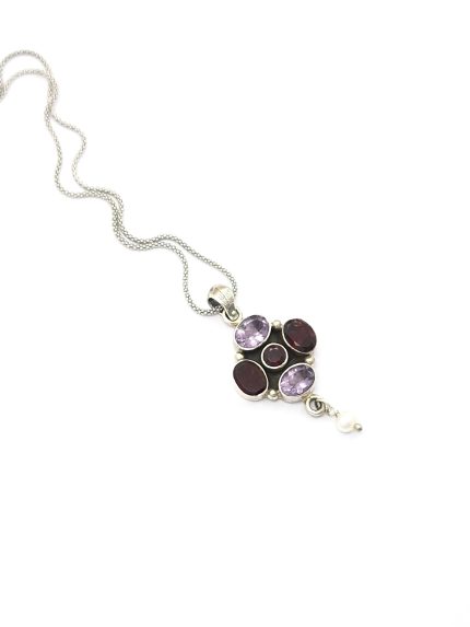 Handmade Sterling Silver 925 Victorian Pendant with Garnet, Amethyst & Pearl