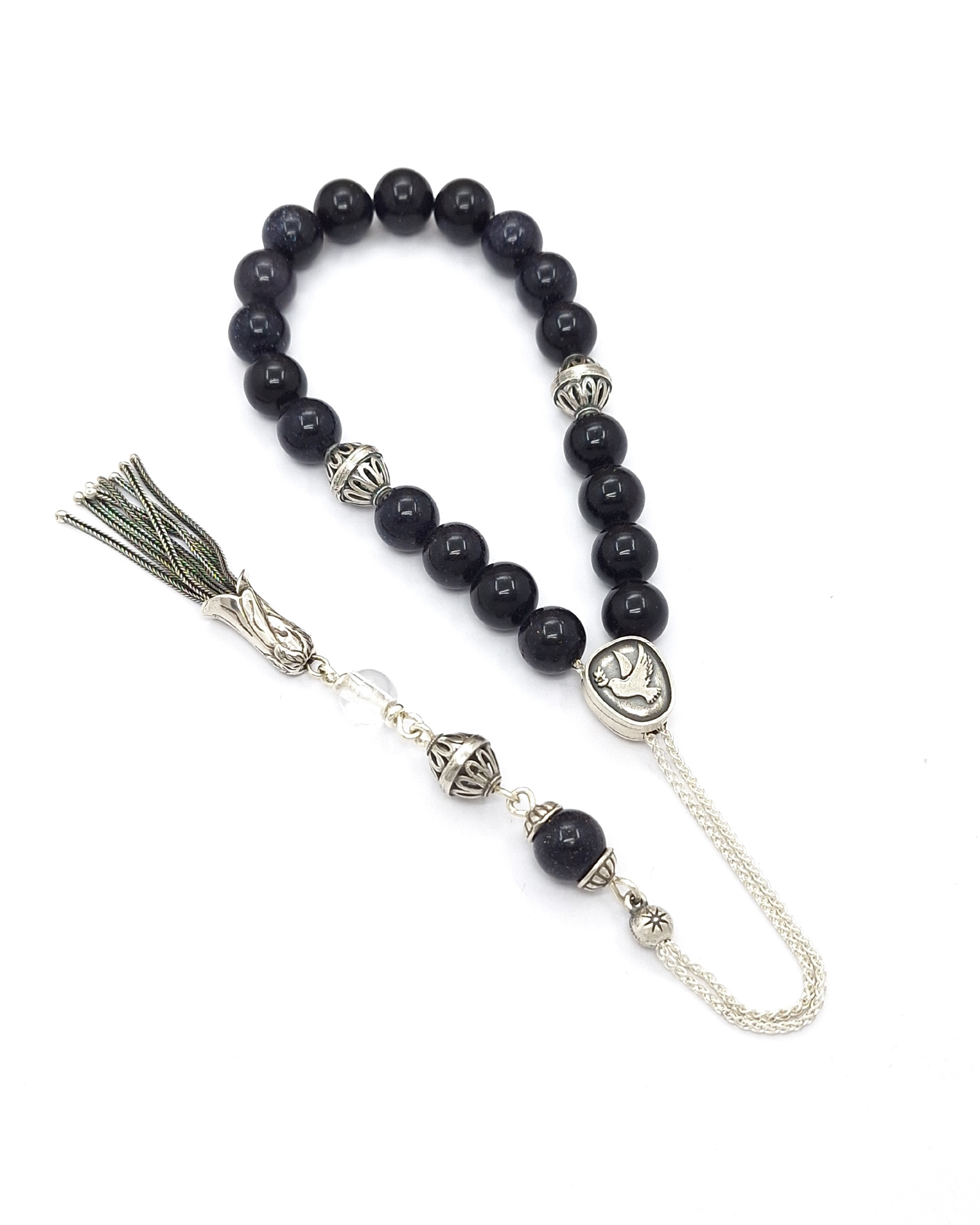 Blue Goldstone Komboloi with Sterling Silver and Dove Blue Goldstone Komboloi with Sterling Silver and Dove