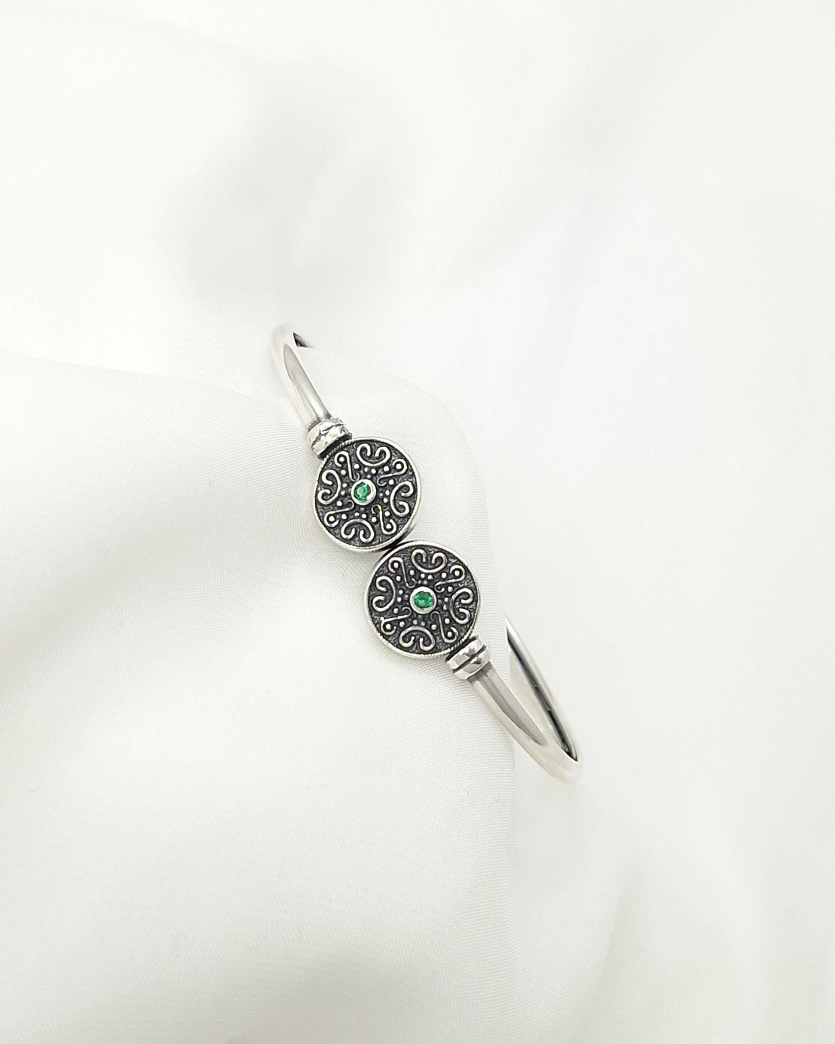Byzantine Sterling Silver Cuff Bracelet with Green Zircon Byzantine Sterling Silver Cuff Bracelet with Green Zircon