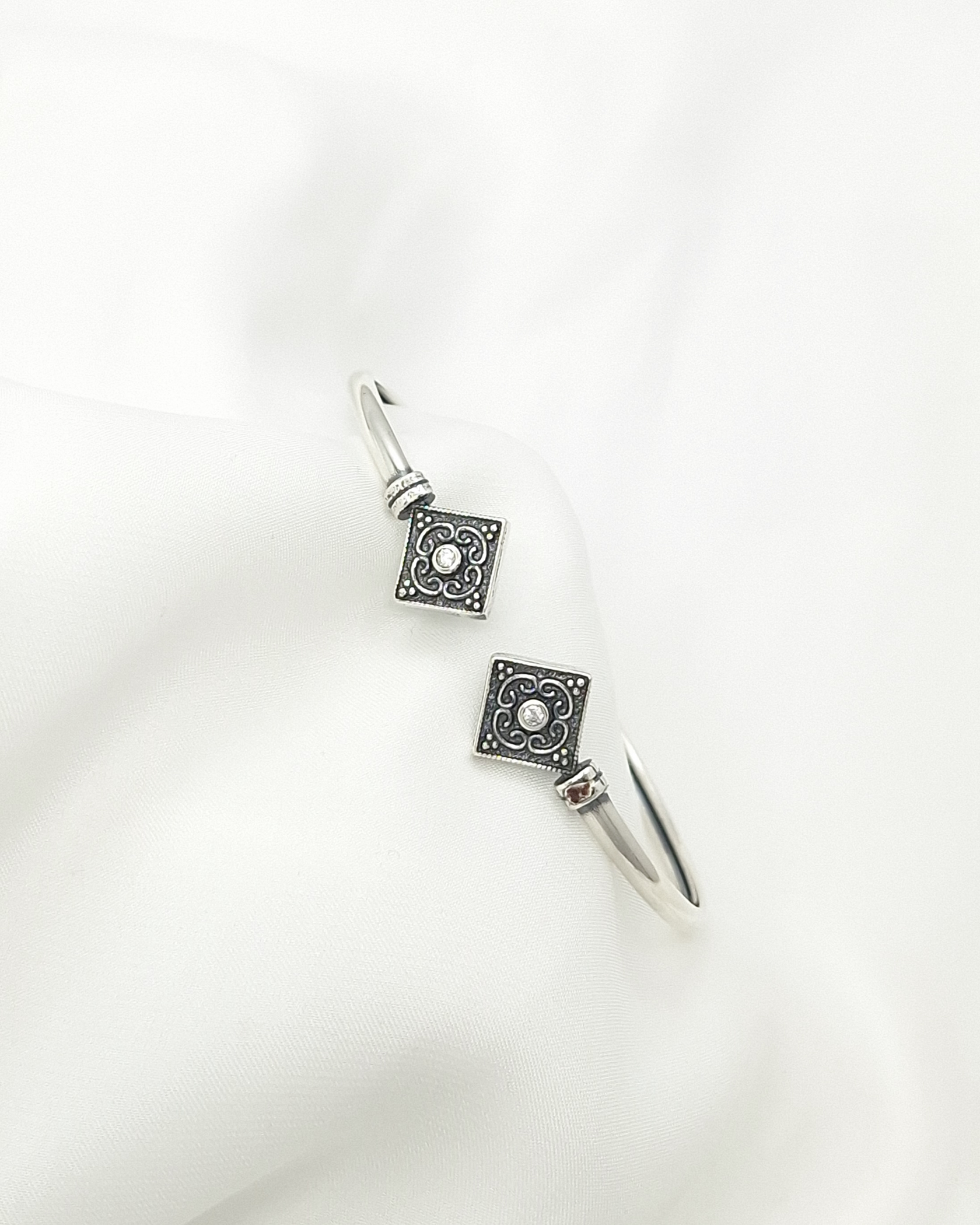 Byzantine Sterling Silver Cuff Bracelet with Clear Zircon Byzantine Sterling Silver Cuff Bracelet with Clear Zircon