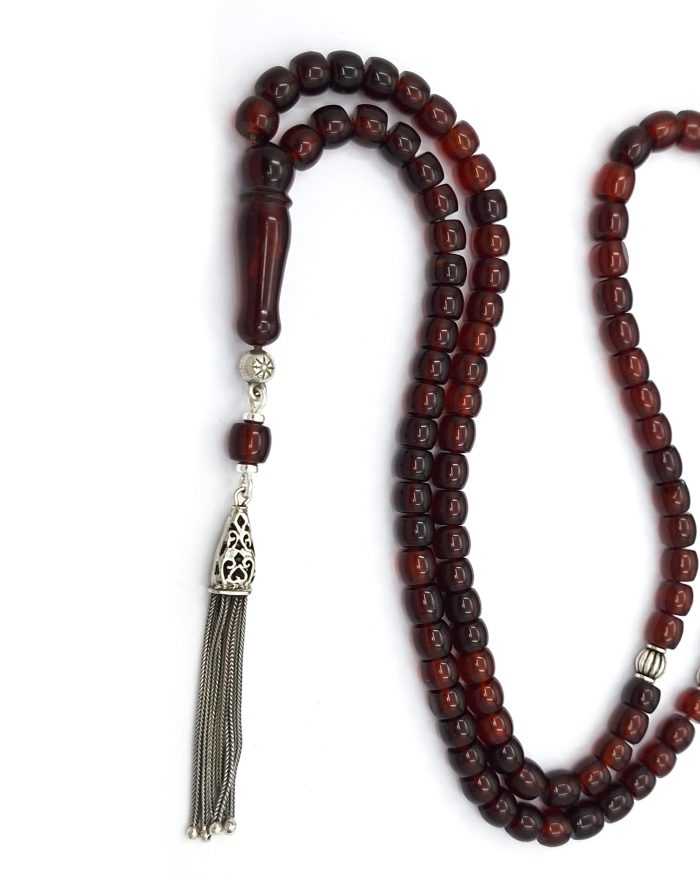 Handmade Religious Komboloi with 99 Beads from Genuine Baltic Amber Dark Cherry and Sterling Silver 925