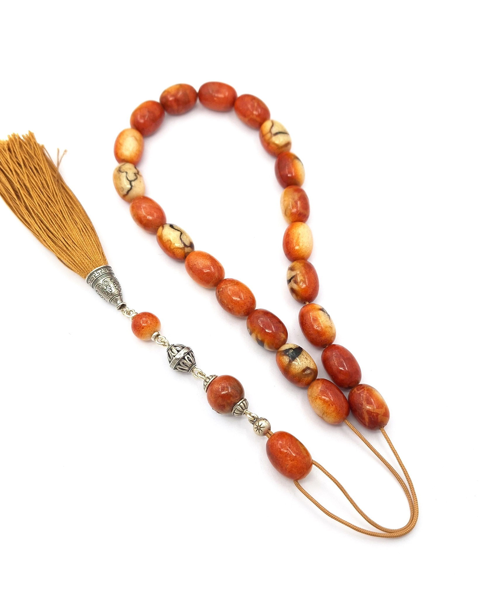 Collectible Handmade Komboloi from Apple Coral, Silver & Silk Tassel Collectible Handmade Komboloi from Apple Coral, Silver & Silk Tassel