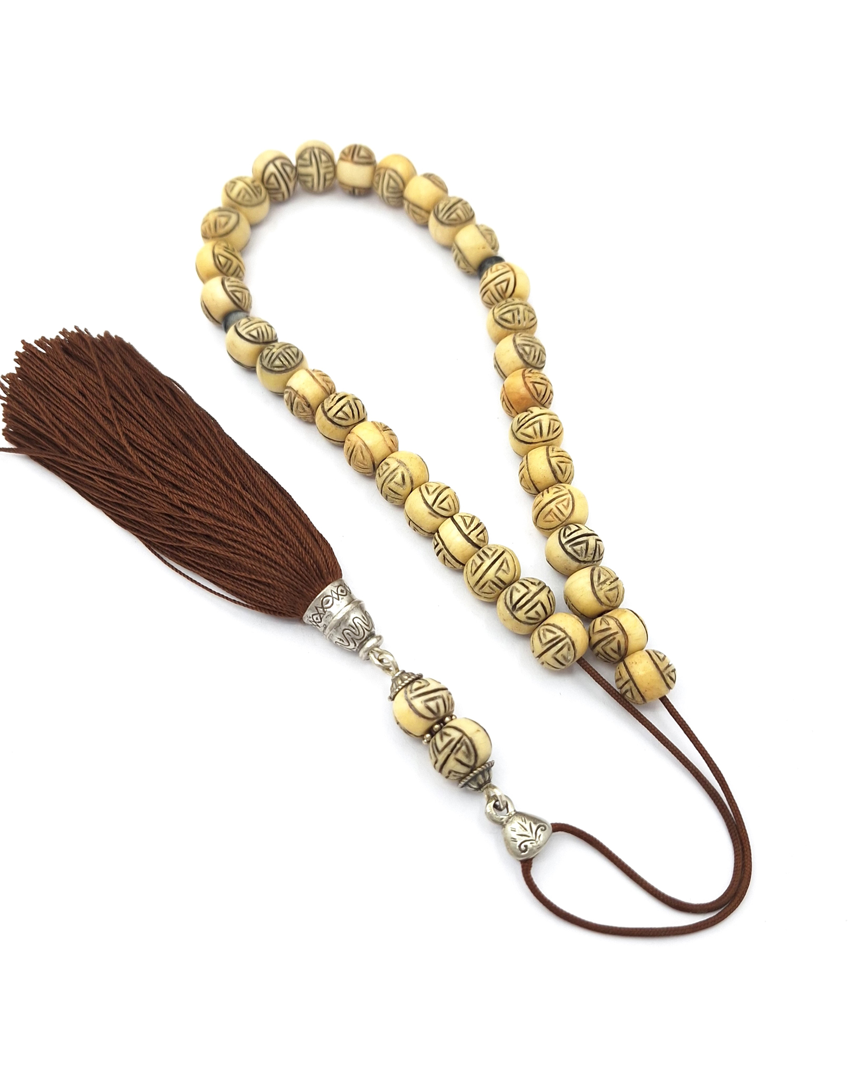 Handmade Komboloi from Hand-Carved Animal Bone, Silver Fittings & Genuine Silk Tassel Handmade Komboloi from Hand-Carved Animal Bone, Silver Fittings & Genuine Silk Tassel