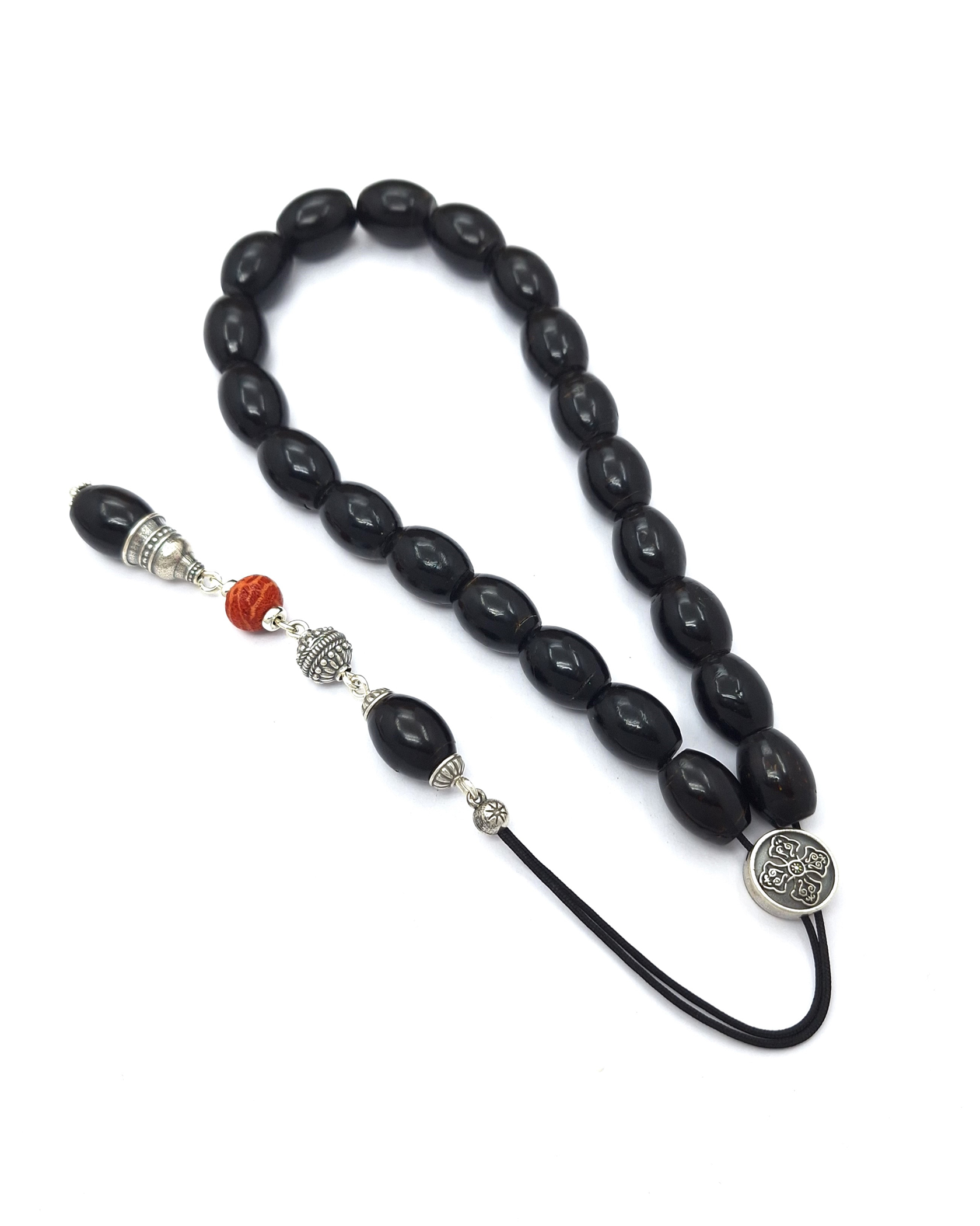 Handmade Komboloi from Black Coral (Yousouri) with Sterling Silver 925 Handmade Komboloi from Black Coral (Yousouri) with Sterling Silver 925