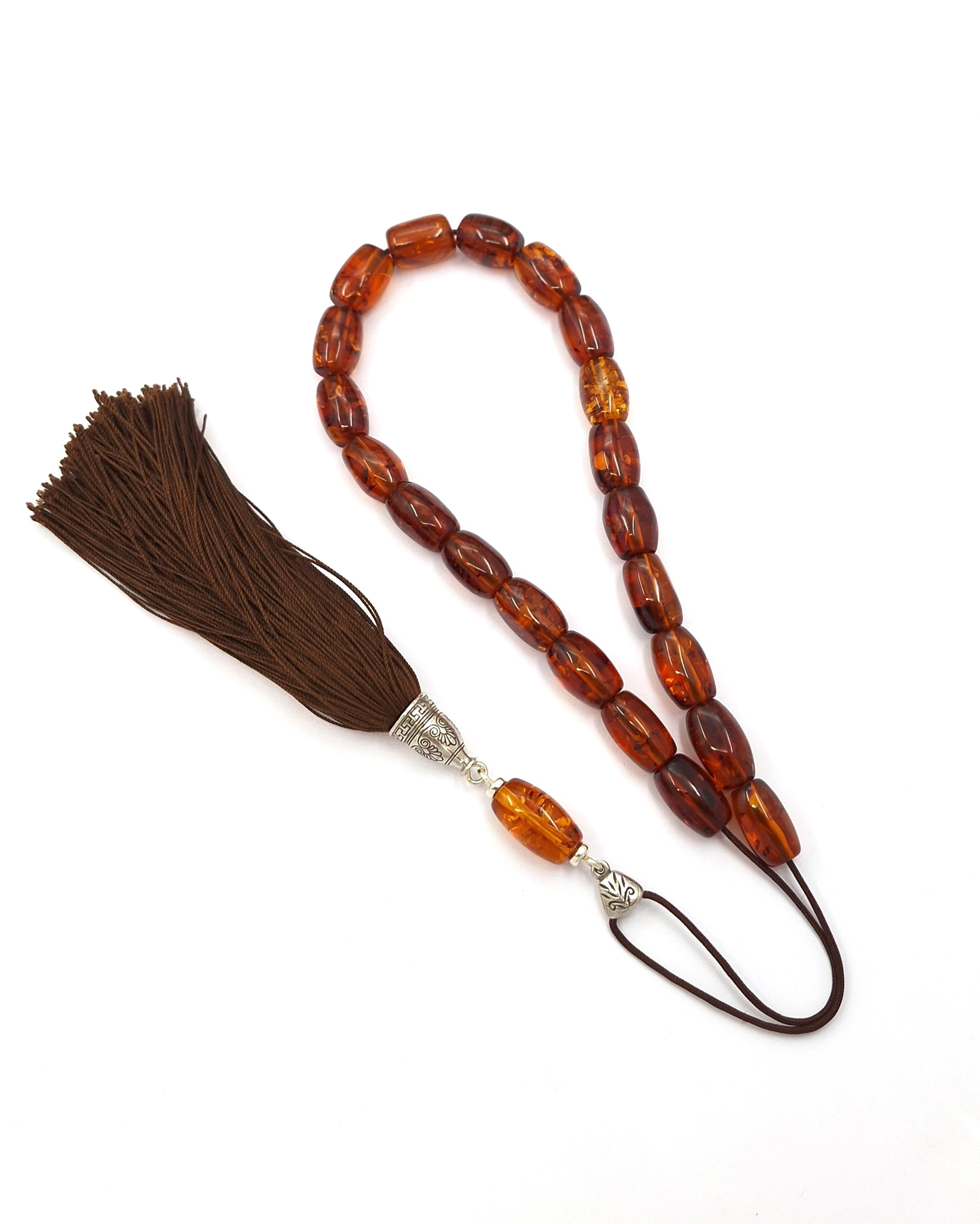 Handmade Komboloi Made of Genuine Baltic Amber with Sterling Silver 925 and Silk Tassel Handmade Komboloi Made of Genuine Baltic Amber with Sterling Silver 925 and Silk Tassel